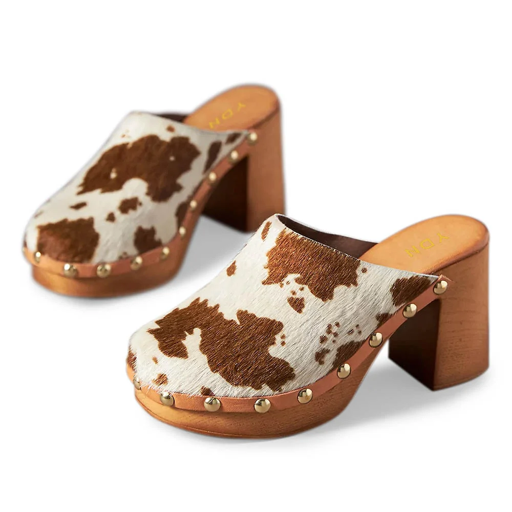White & Brown Faux Fur Studded Platform Round Toe Heeled Clogs