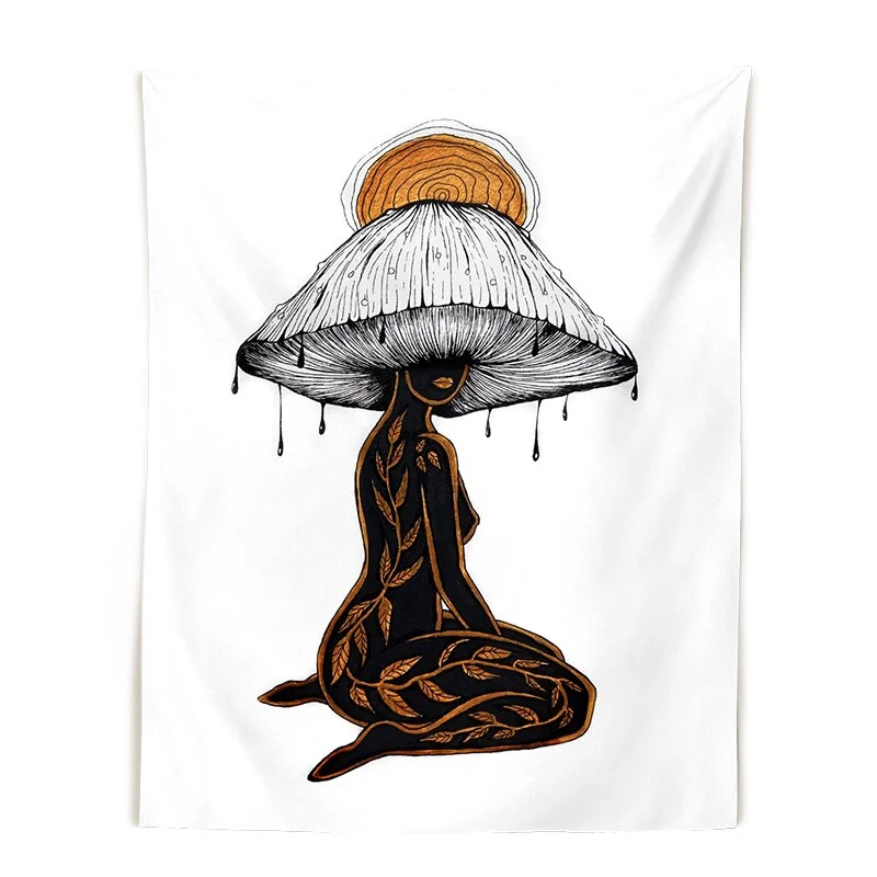 Mushroom queen Tapestry Wall Hanging crystals botanical fungi art black White witchy Living Room Psychedelic Wall Art Decor