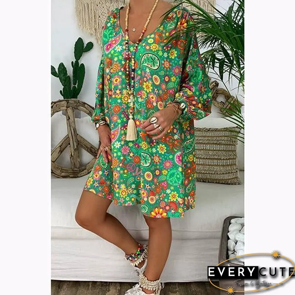 Short Sleeve Printed V Neck Loose Dress