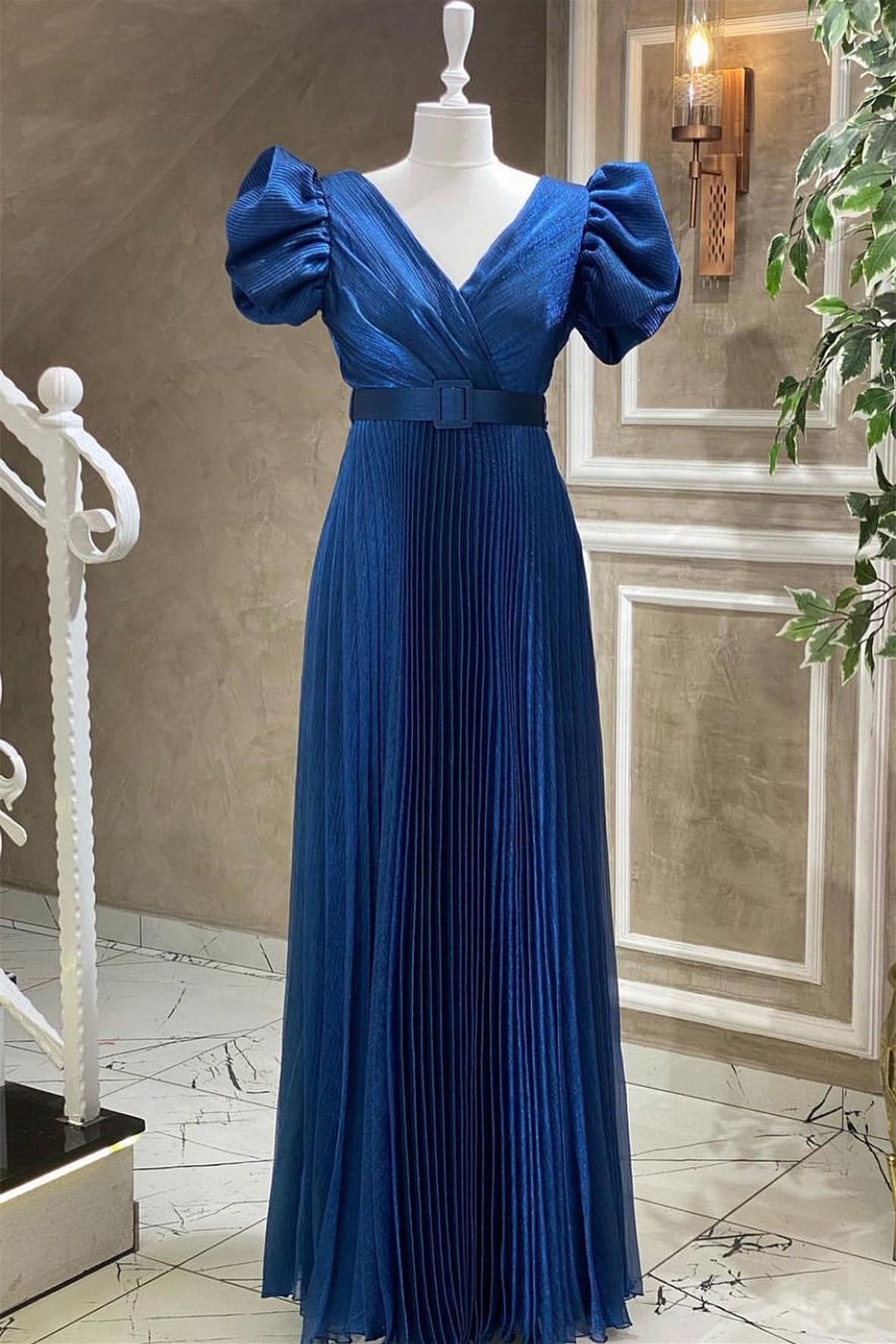Blue Royal V-Neck Evening Dress Short Sleeves With Belt Online | Ballbellas Ballbellas