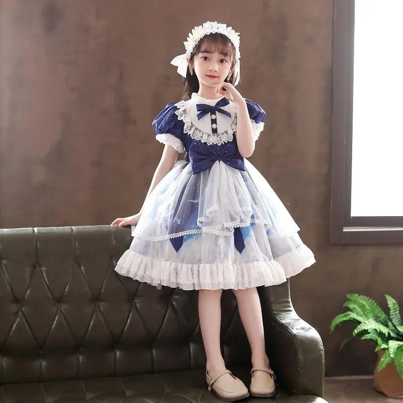 Girls Lolita Dress College Sailo Style Bow Causal Wedding Party Birthday Costume Princess Flower Girls Dress Kids Tutu Dress