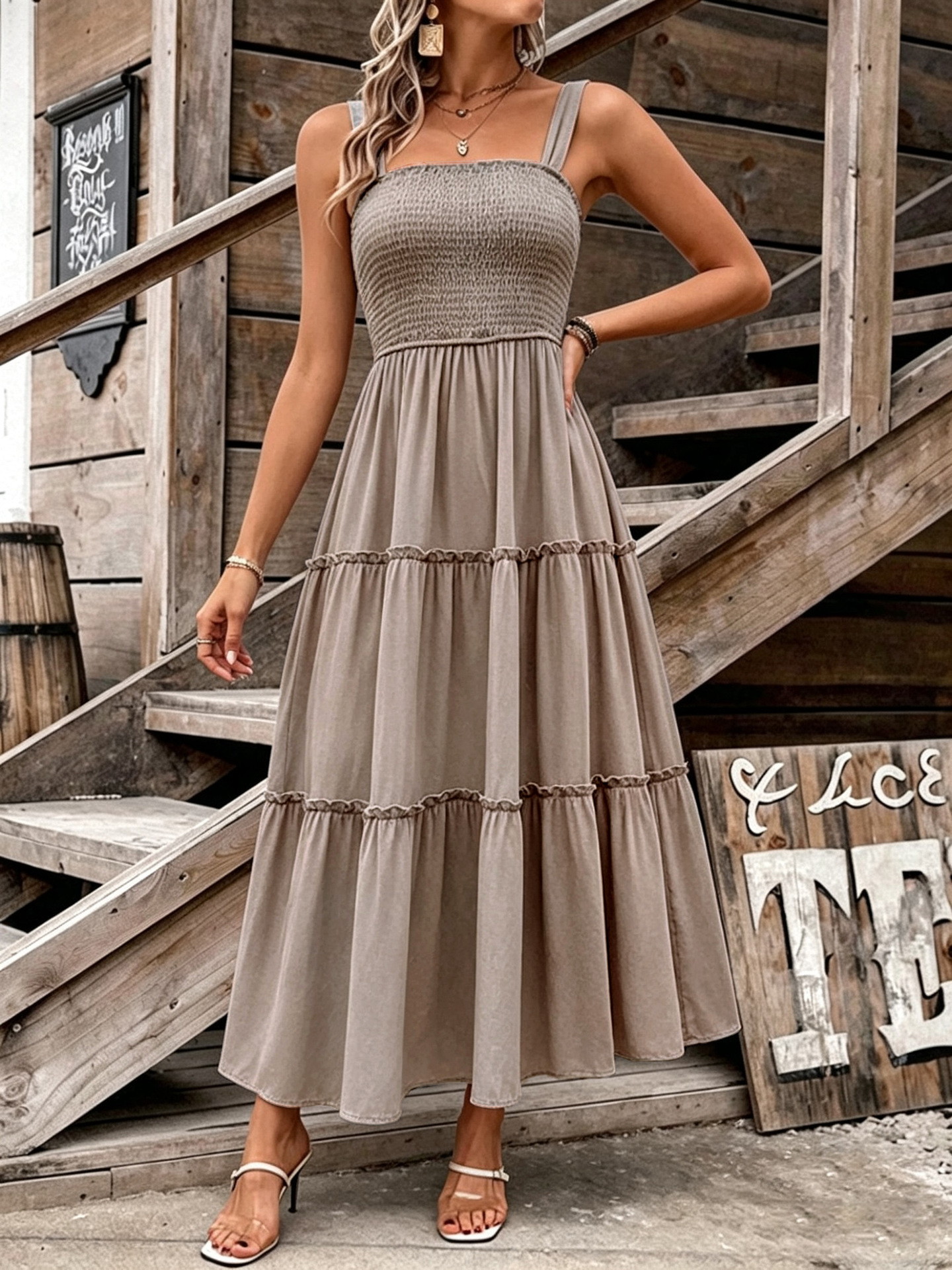 Women Square Neck Sleeveless Ruffle A-Line Dress