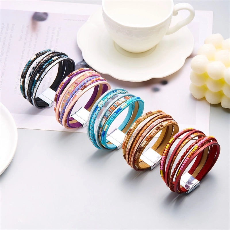 Hot New Bohemian Multi-layer Winding Bracelet Magnetic Buckle Trendy Artistic Men’s And Women’s Leather Bracelet