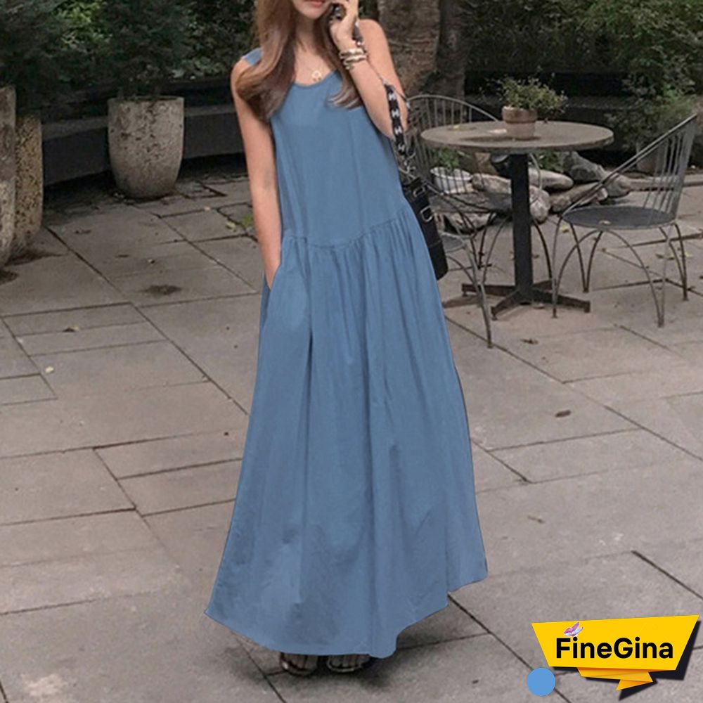 Women Sleeveless Casual Party Holiday Long Shirt Dress O Neck Denim Tank Maxi Sundress