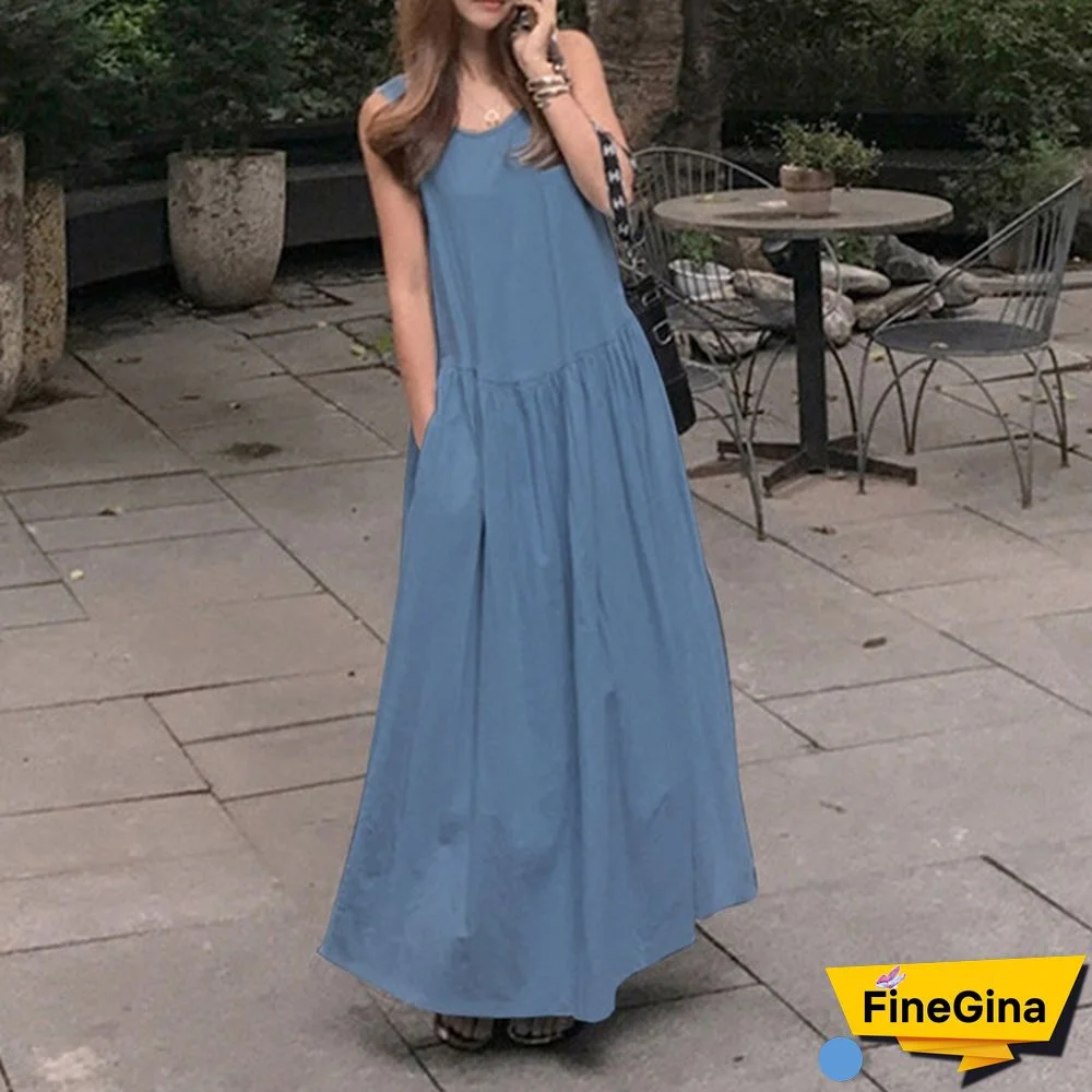 Women Sleeveless Casual Party Holiday Long Shirt Dress O Neck Denim Tank Maxi Sundress