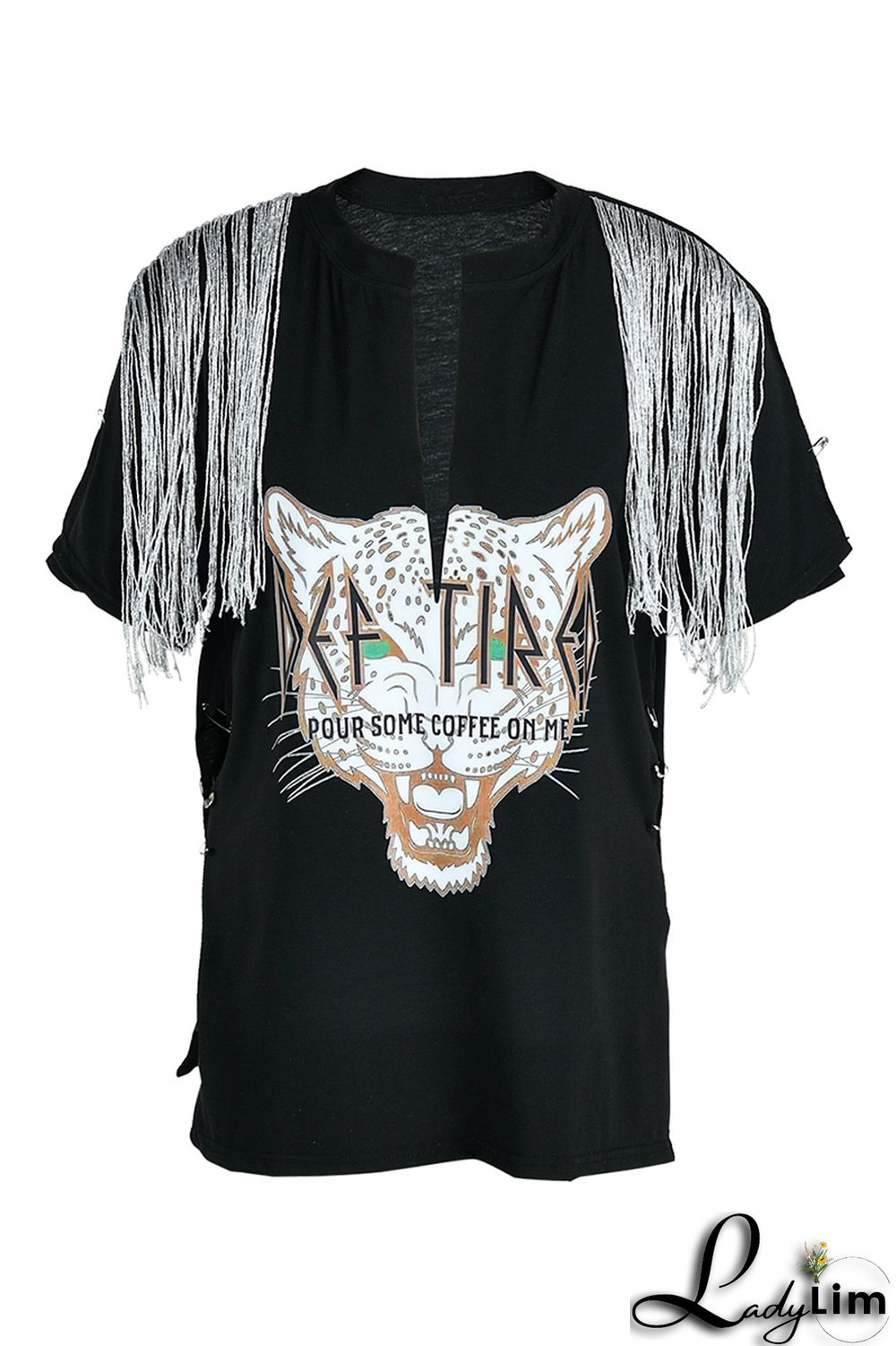 Coffee Fashion Casual Print Tassel Patchwork V Neck T-Shirts