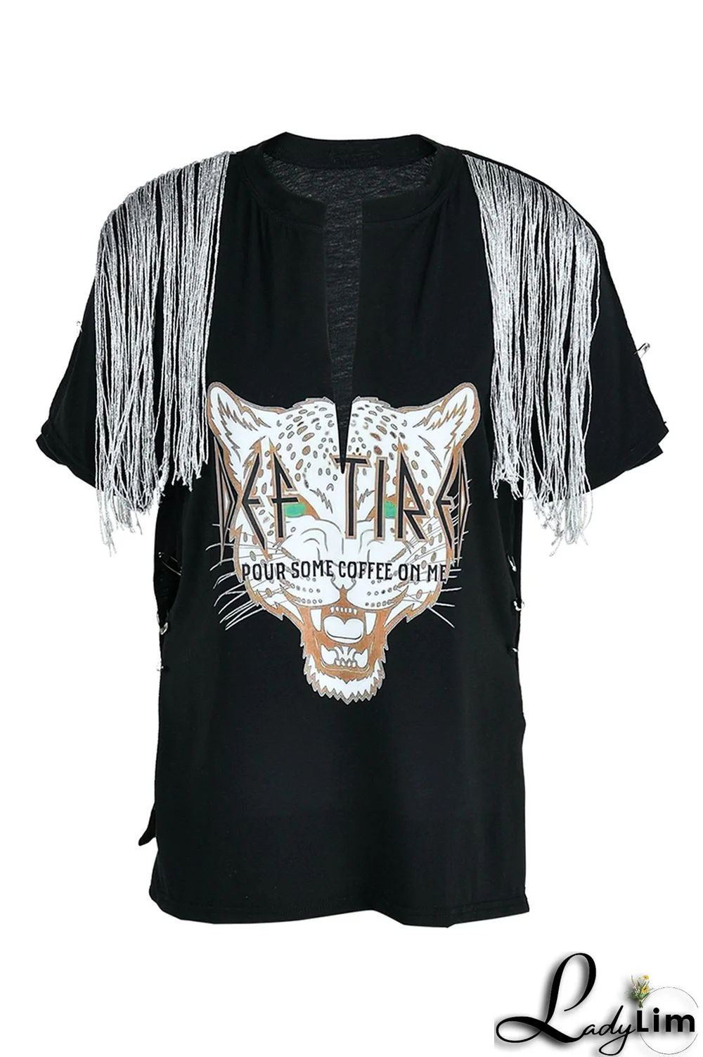 Coffee Fashion Casual Print Tassel Patchwork V Neck T-Shirts