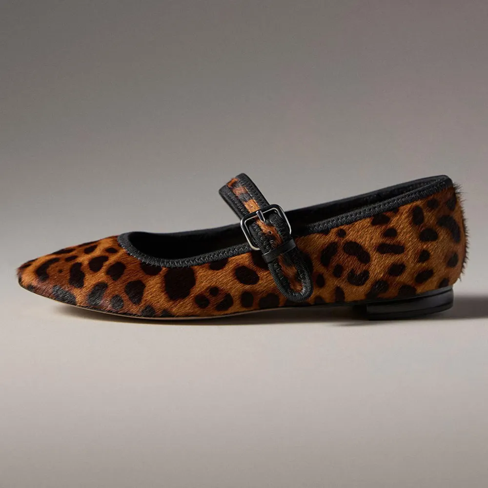 YDN Round Toe Leopard Print Buckle Strap Comfortable Ballet Flats