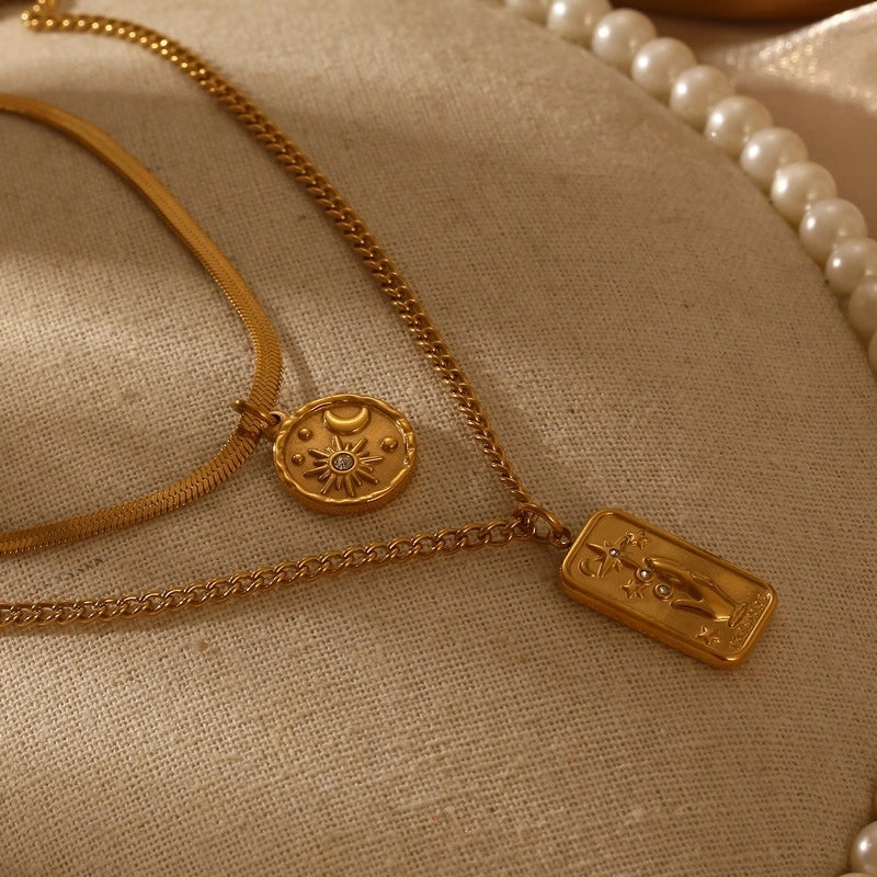 Retro Geometric Star Titanium Steel Zircon 18K Gold Plated Plating Inlay Layered Necklaces