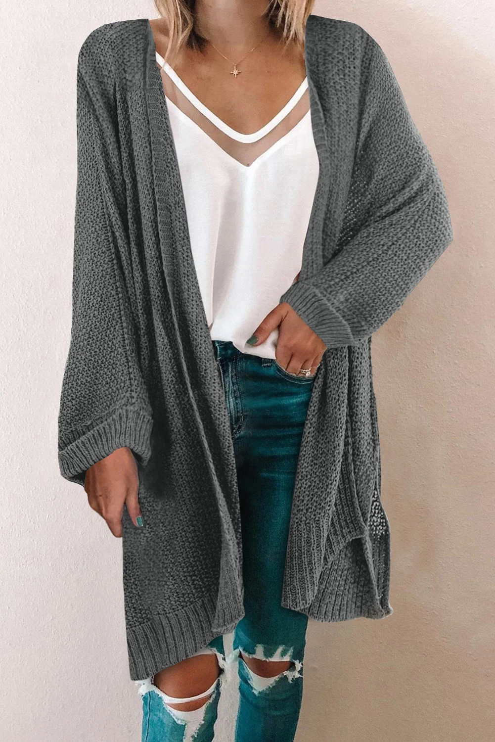 Gray Women's Winter Casual Long Sleeve Loose Solid Color Sweaters Side Split Open Front Cardigan Knitted Tops | IFYHOME