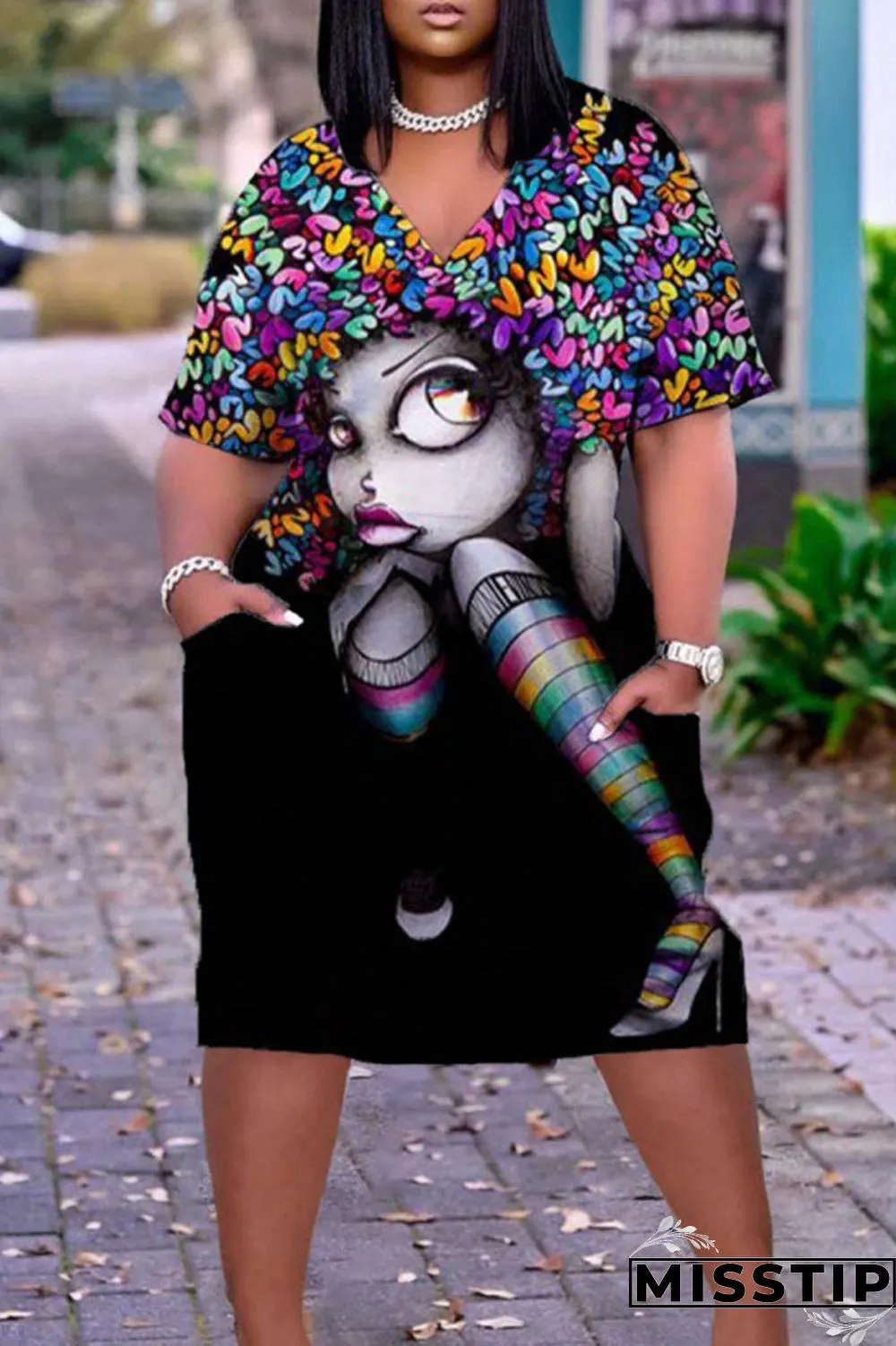 Multicolor Casual Print Patchwork Pocket V Neck Straight Dresses