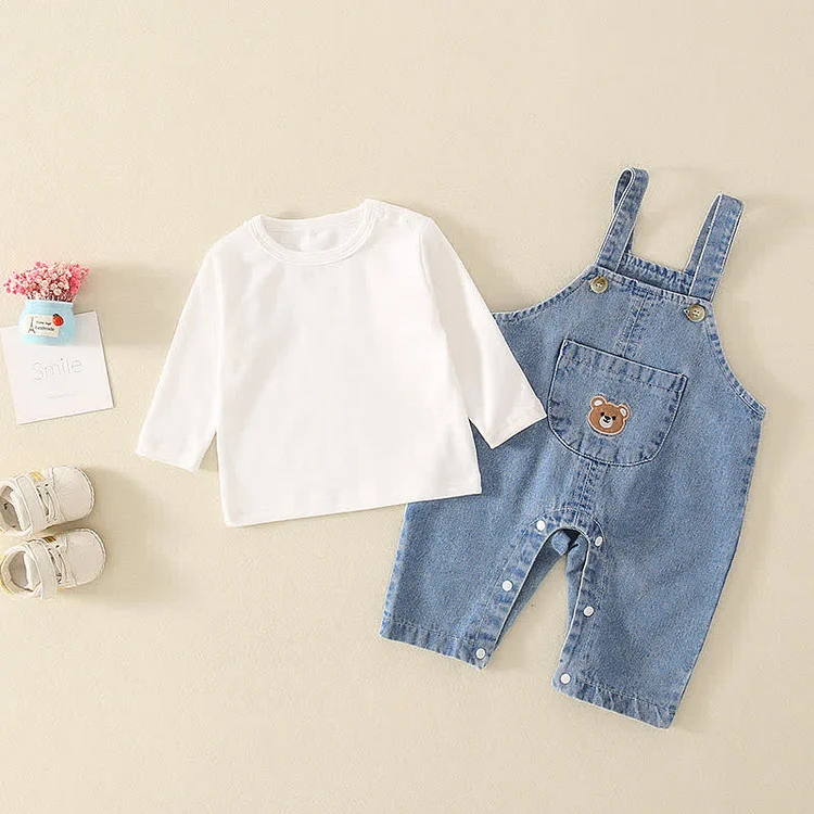 Baby Shirt and Bear Denim Suspender Pants