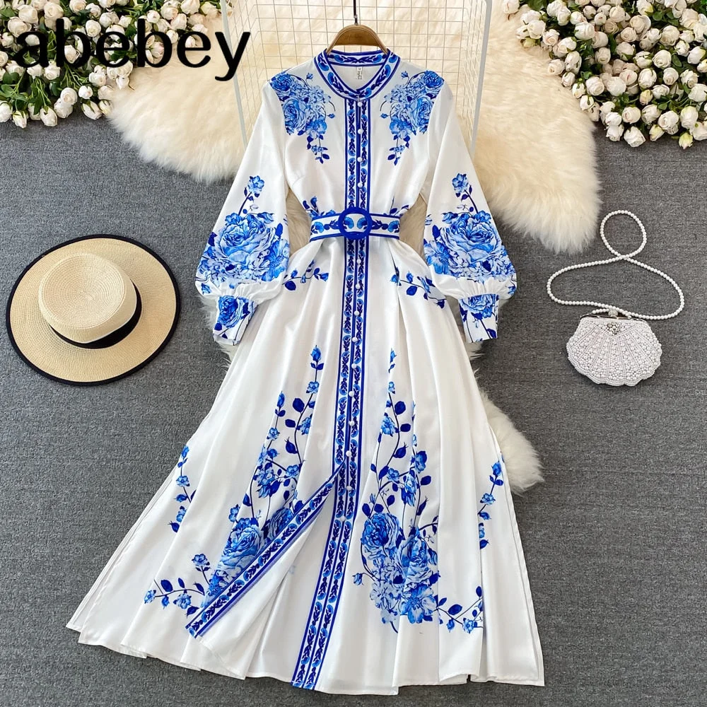 2023 New Spring Autumn Vintage stand collar long sleeve Dress Blue and white porcelain print single breasted long A-line Dress