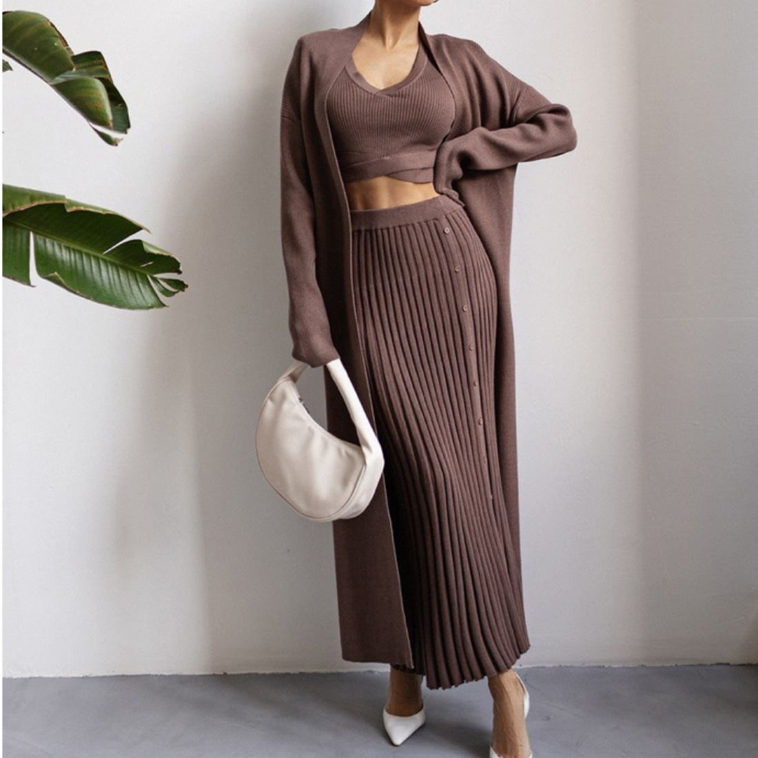 Ootddress Knit Summer White Two Piece Women Fashion Holiday Elegant Party Maxi Skirt Outfits High Split Knitwear Female Sets Skirt