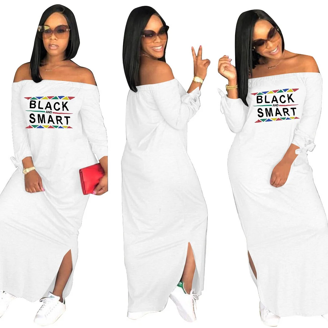 Fashion Sexy Slash Neck Ladies Solid Color Letter Printing Long Dress Home Casual Street Loose Large Size Dress