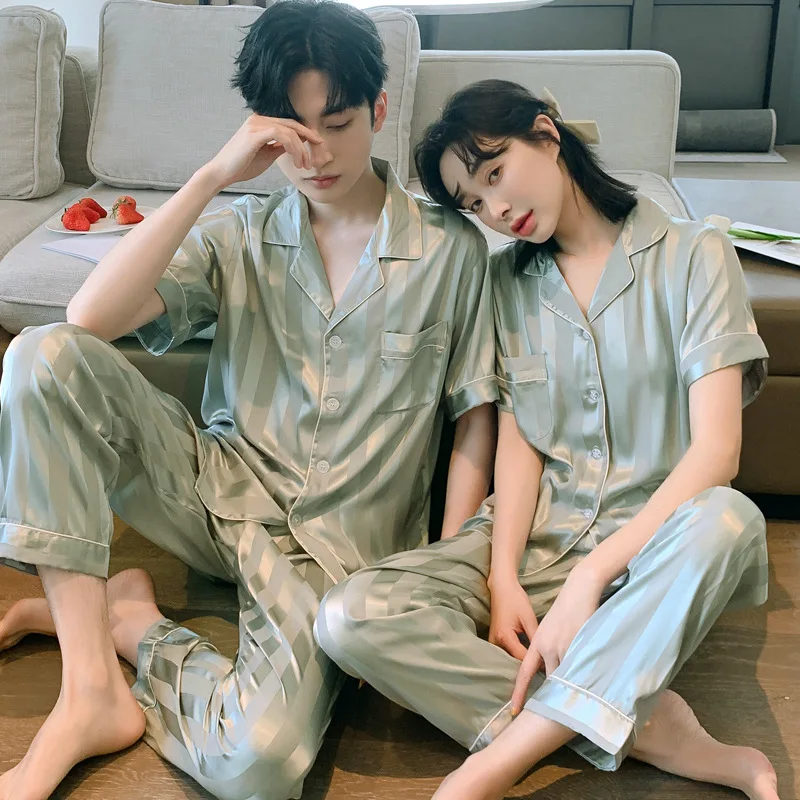 Stolskolb Short-sleeved Shorts Ice Silk Pajamas Men and Silk Satin Pajamas Set Long Sleeved Sleep Women Sleepwear Pijamas Couple Pajamas