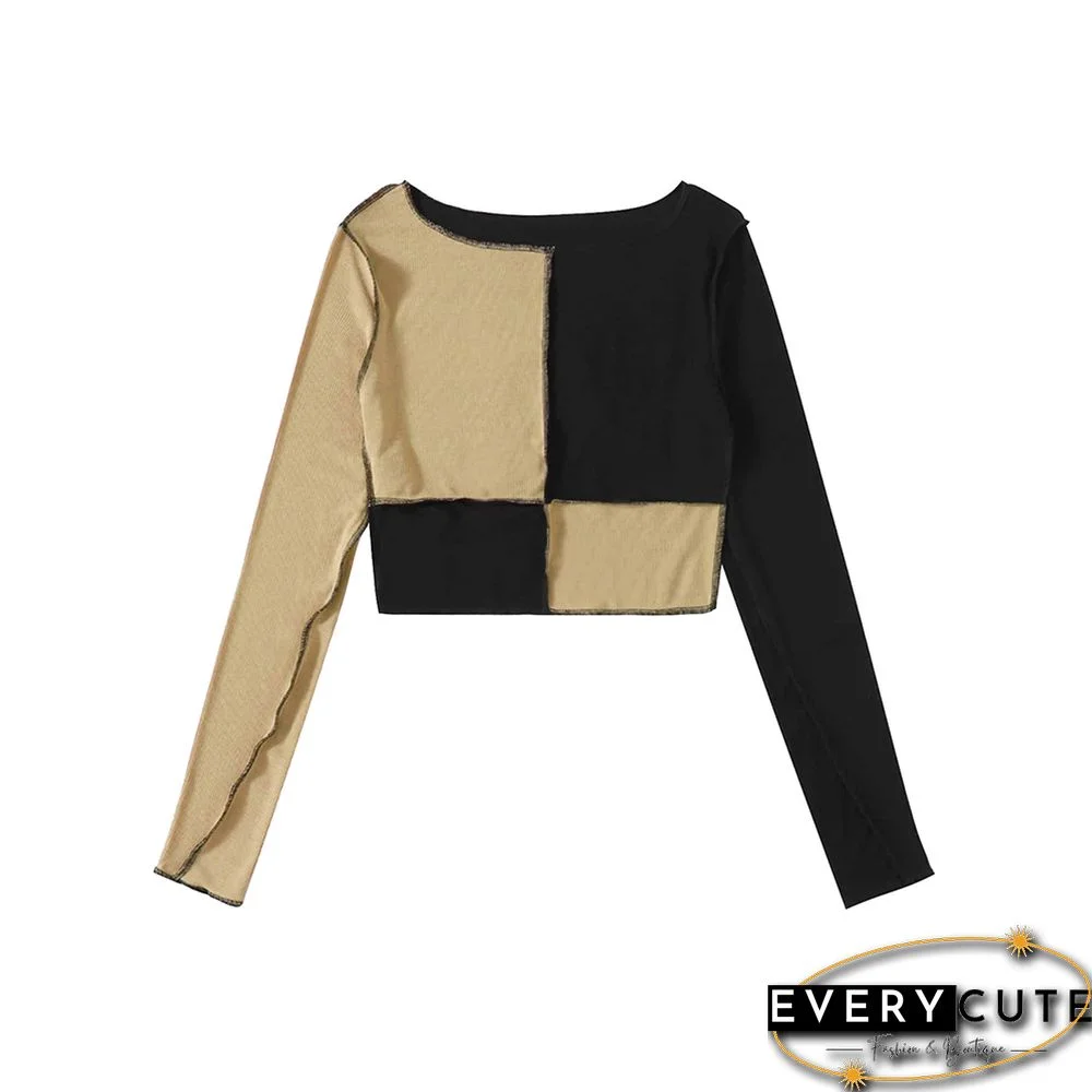 Khaki Splice Black Long Sleeve Crop Top