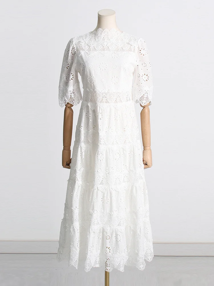 Elegant Jacquard Embroidered Waist See-Through Midi Dress