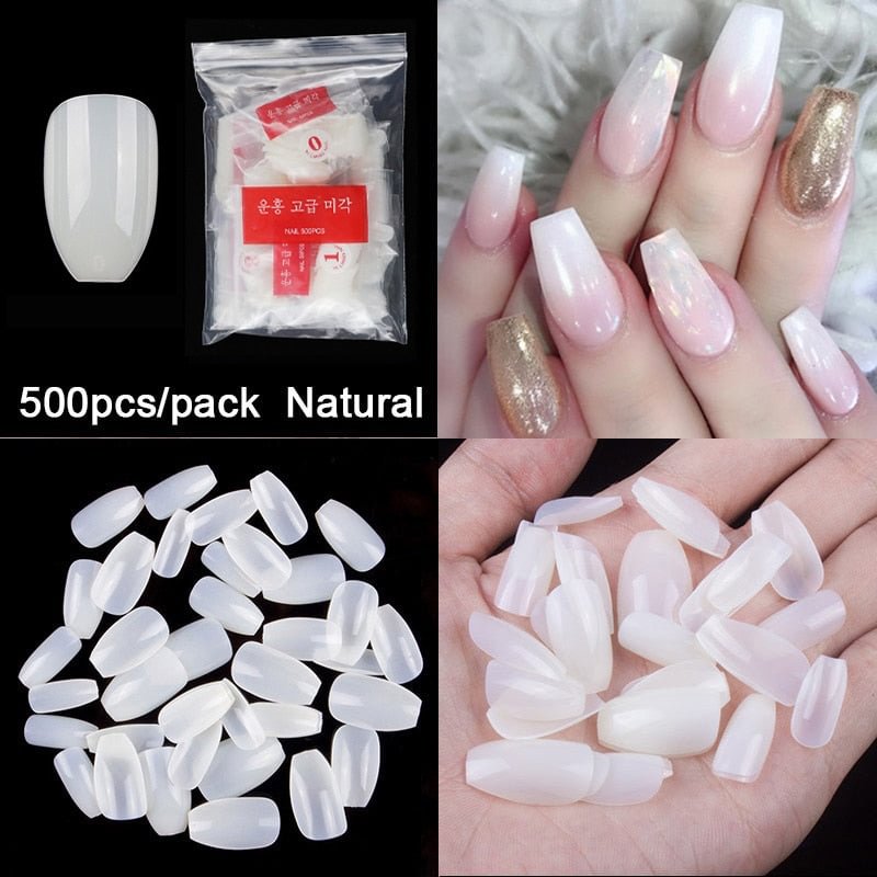 500Pcs/Bag Short Coffin Nails Full Cover Ballerina False Nails Art False Nail Art Tips DIY Finger Nails Artificial Fake Nails