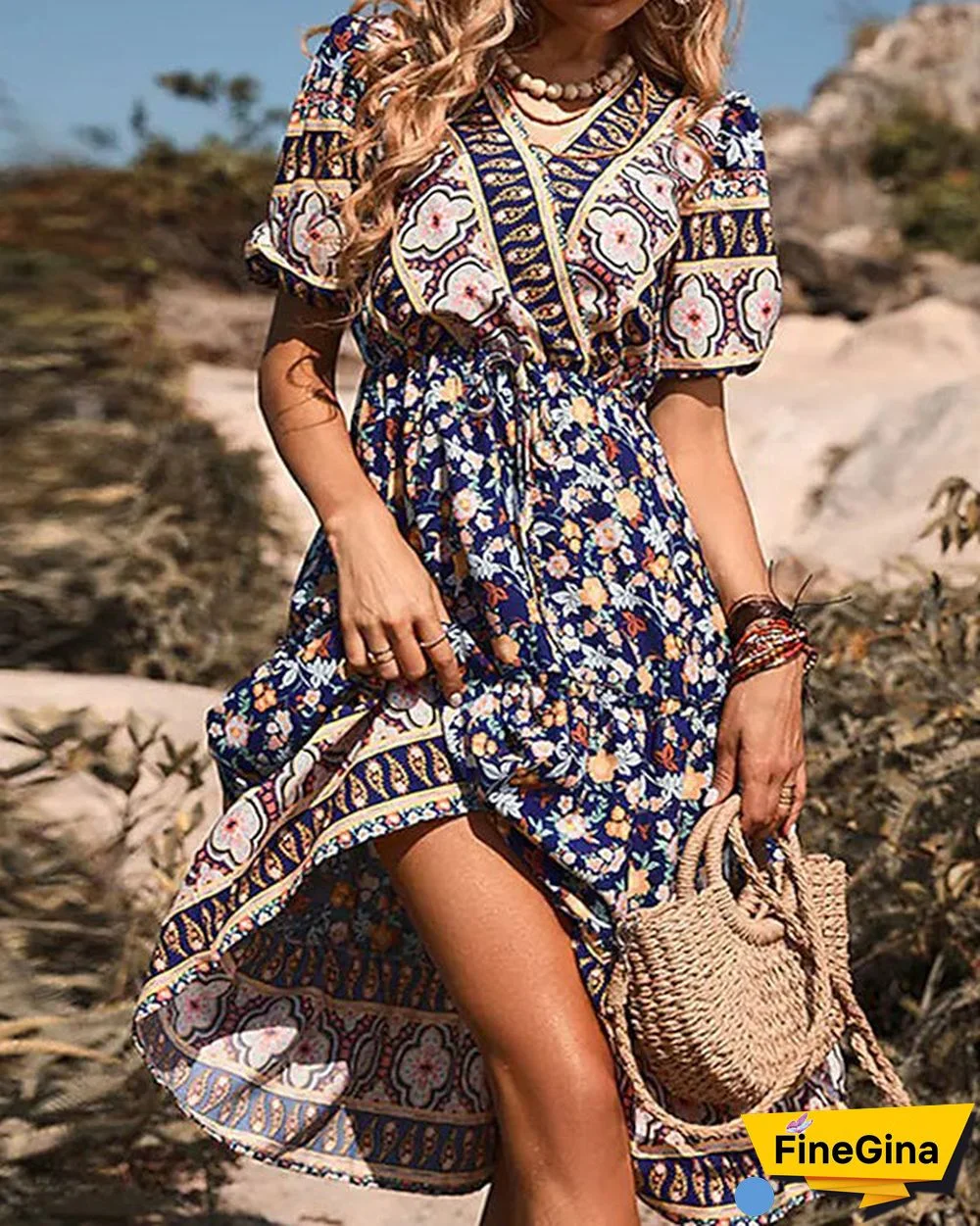 Casual Vintage Boho V-Neck Print Dress