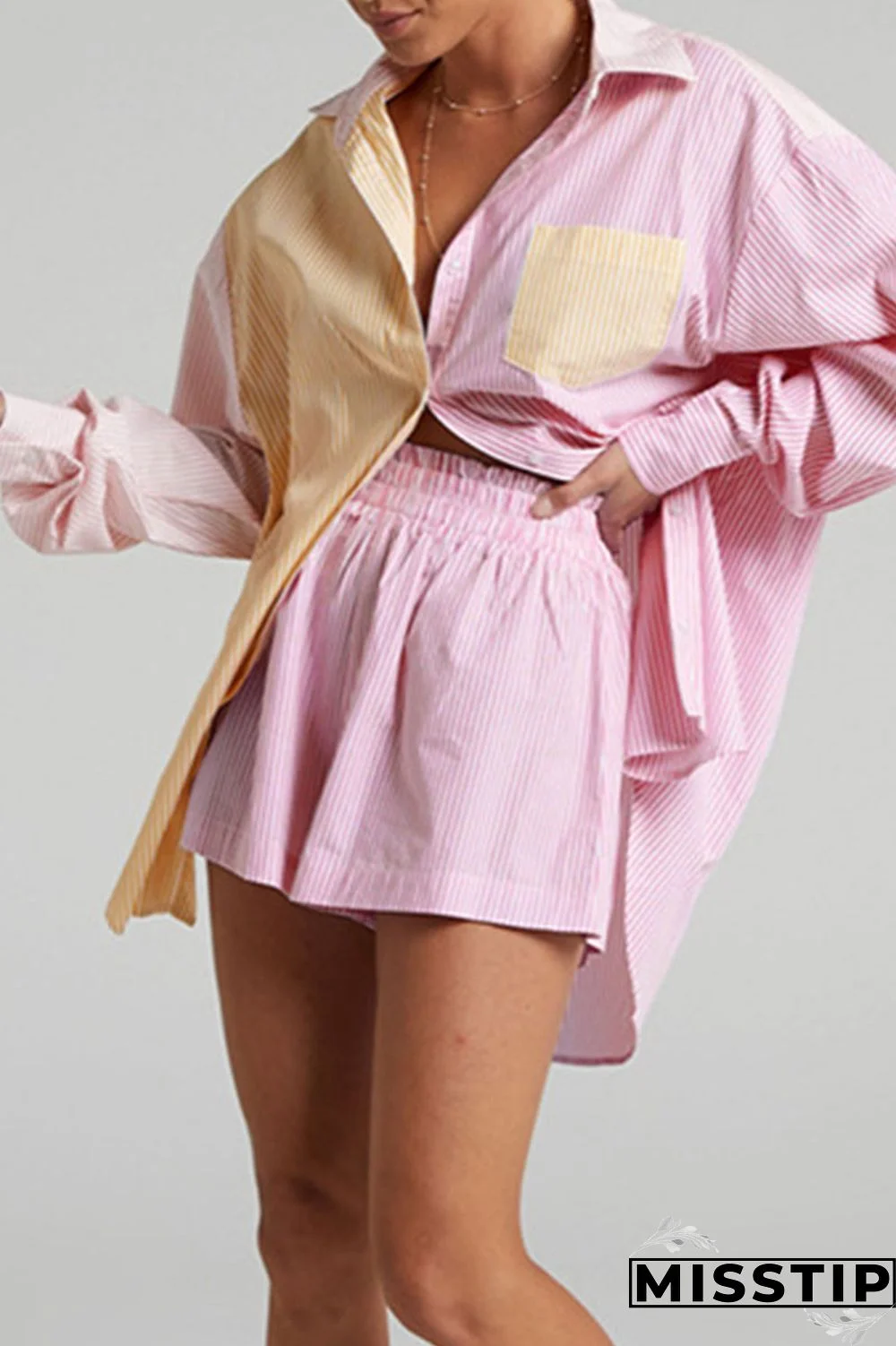 Pink Casual Striped Print Patchwork Buckle Turndown Collar Long Sleeve Two Pieces