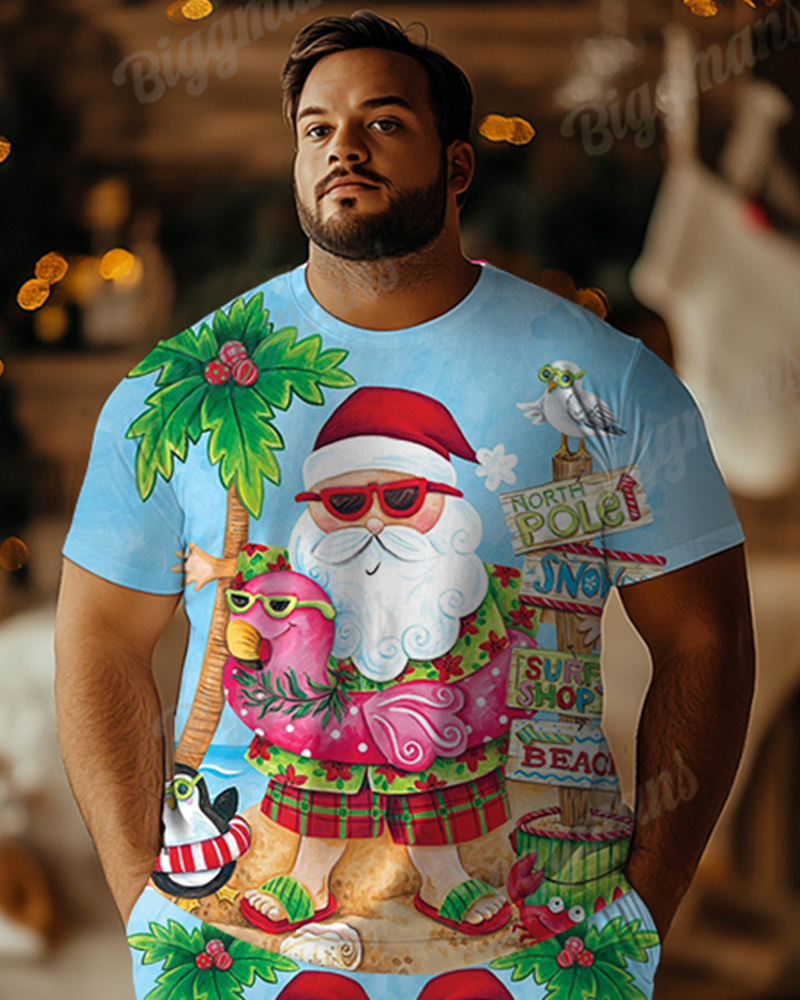 Big Men's Santa Claus Hawaiian Holiday Print T-Shirt Shorts Set