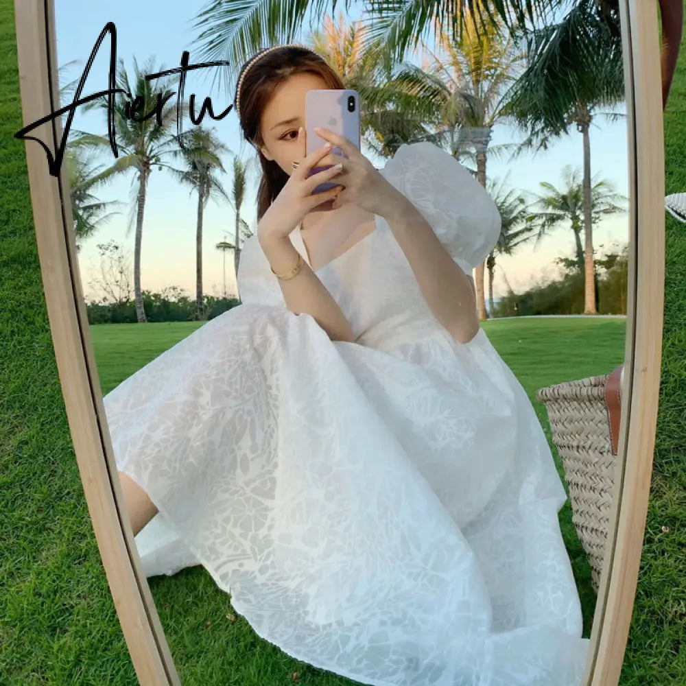One Piece Dress Korean Puff Sleeve Sexy Midi Dresses Beach Sundresses for Women Summer  Backless Design Square Collar Chic Aiertu