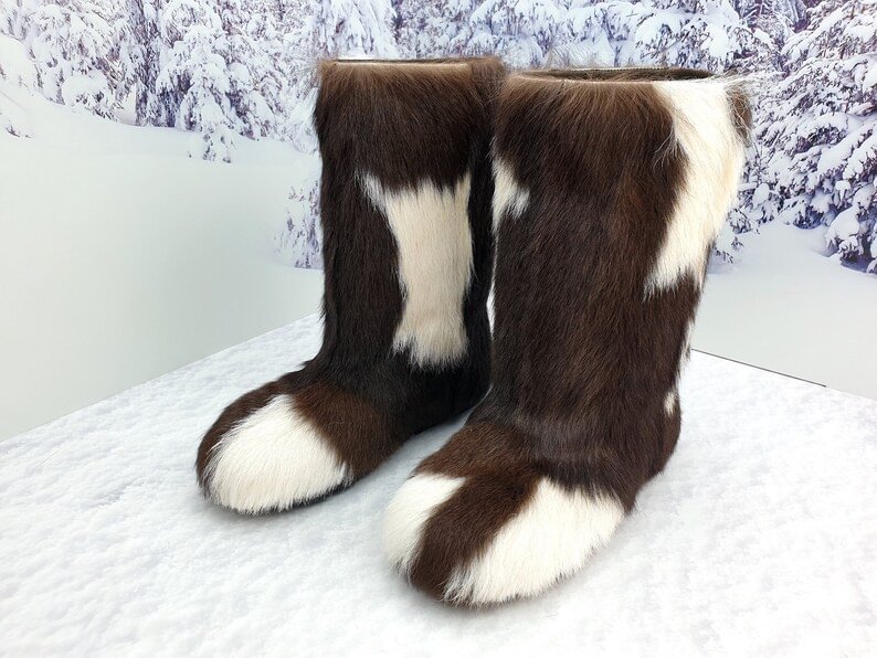 Brown white goat fur women boots 39 EU 8 (8.5) US Mukluks High real fur boots