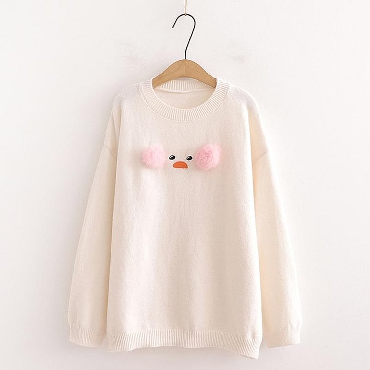 Duck Embroidery Fuzzy Ball Sweater - Modakawa Modakawa