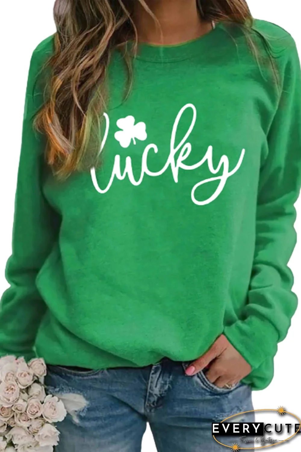 Green St. Patrick's Day Lucky Clover Print Graphic Sweatshirt