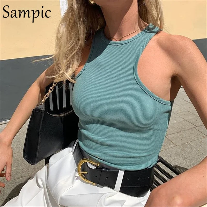 Sampic Summer Women Knitted Ribber O Neck T Shirt Tops Mini Vest Casual White Fashion Skinny Club Sleveless Crop Tank Tops 2021