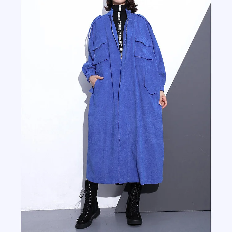 Fine blue long coat plus size Stand zippered trench coat boutique long sleeve pockets baggy long coats