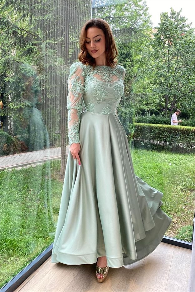 Dusty Sage Long Sleeves Evening Dress Split With Lace PD0851