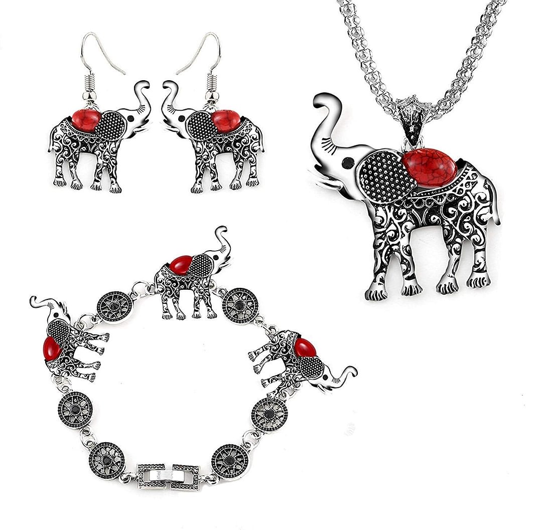 3 Pack Vintage Silver Ethnic Tribal Elephant Jewelry Sets Boho Pendant Necklace Drop Earrings Link Bracelet Sets