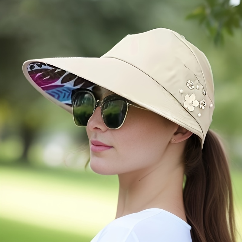 Vibrant Beaded Flower Decor Visor Hat - Foldable, UV Protection, Trendy Solid Color Design for Women's Daily Outdoor Use - Perfect for Summer Sun Protection and Stylish Fashion