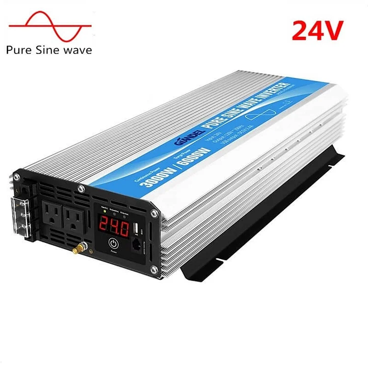 Giandel 24V Pure Sine Wave Power Inverter 3000Watt DC 24V to AC120V with Dual AC Outlets with Remote Control 2.4a USB and LED Display