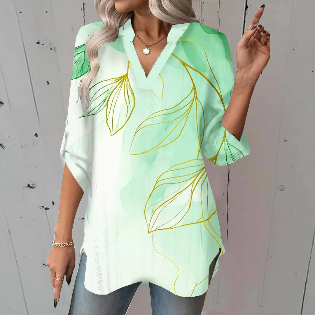 Women Floral,Green DZGA0034 3/4 Sleeve V-neck Printed Graphic Button Tops