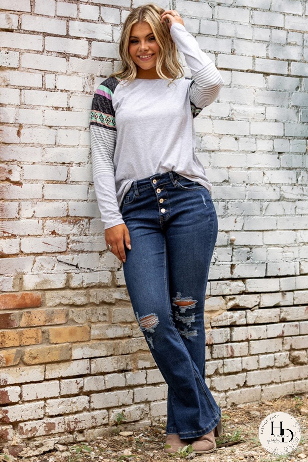 Distressed Dark Wash Flare Jeans with Wild West Graphic