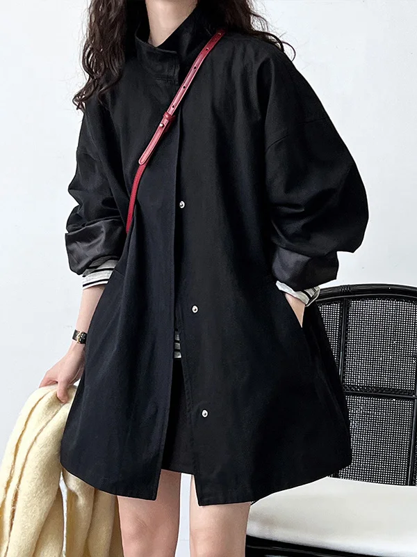 Long Sleeves Loose Pockets Solid Color Stand Collar Outerwear Trench Coats