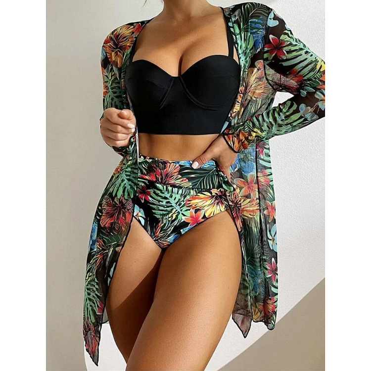 Push Up Printed Bikini Swimsuit and Chiffon Cardigan