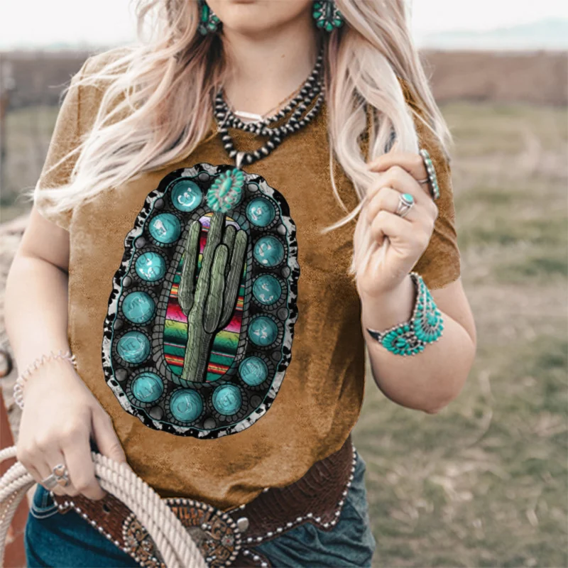 Cactus Turquoise Casual Women's Graphic Tees