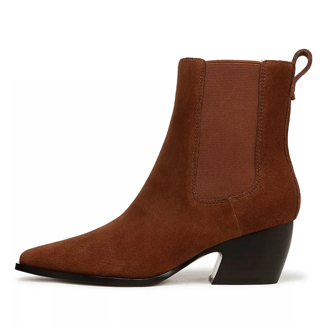 Brown Snip Toe Vegan Suede Chunky Heel Womens Ankle Boots