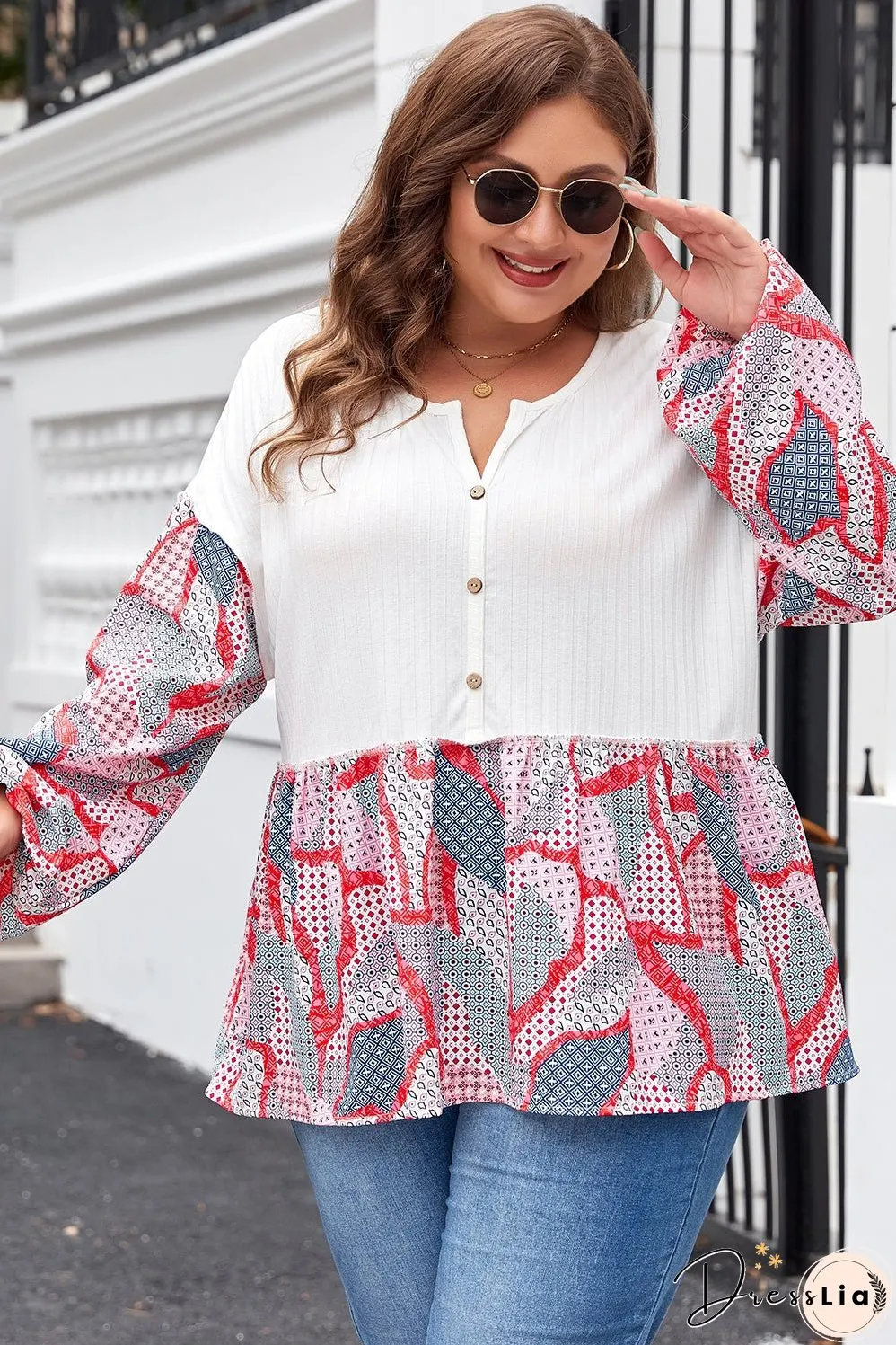 Apricot Plus Size Printed Patchwork Textured Buttoned Blouse