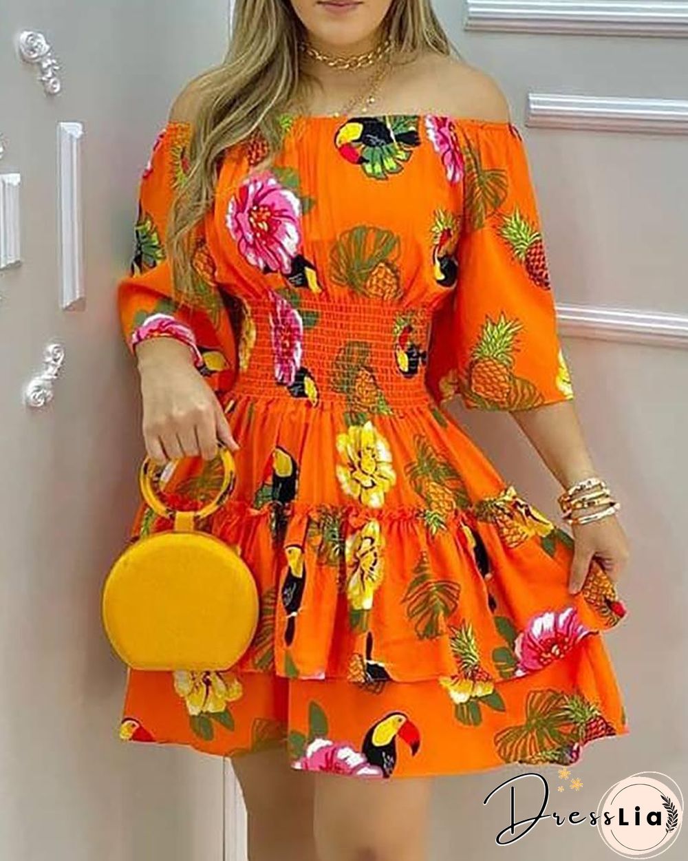Fashion Elegant Fruit Print Off Shoulder Short Sleeve Kawaii Fairy High Waist Pleated A-Line Dress Summer Women's Party Dress