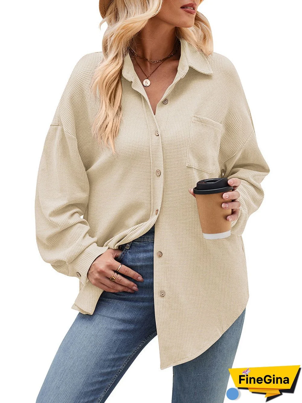 Women's Pockets Buttons Solid Color Long Sleeve V-neck Top