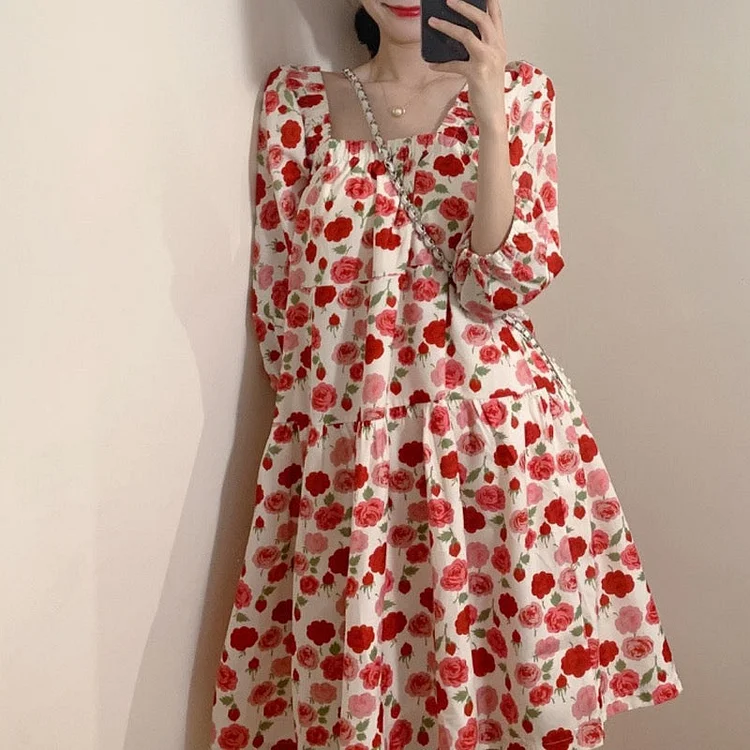 Bright Red Floral Square Neck Babydoll Smock Dress