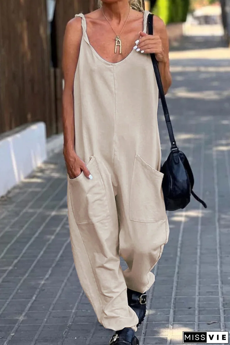 Casual Simplicity Solid Pocket U Neck Loose Jumpsuits(12 Colors)