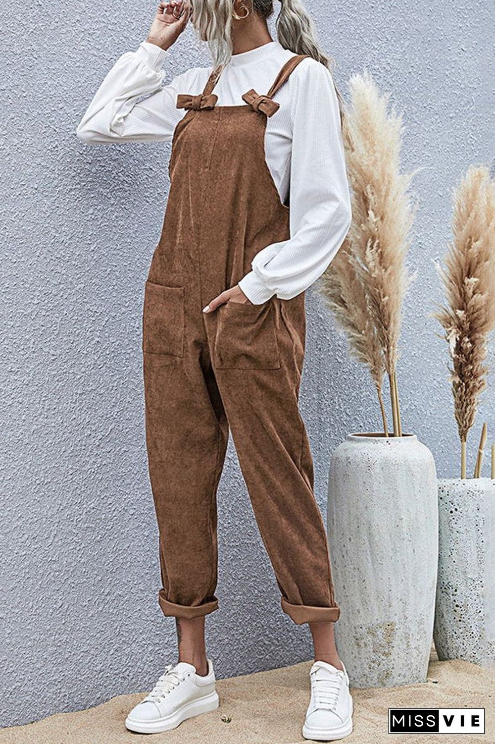 Solid Bowknot Double Pockets Overall