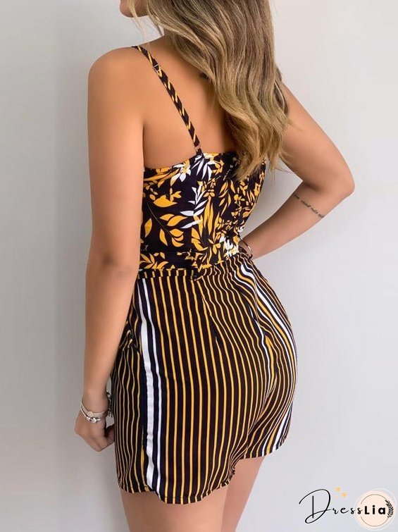 Women's Jumpsuits V-Neck Sling Leaf Print Belted Jumpsuit