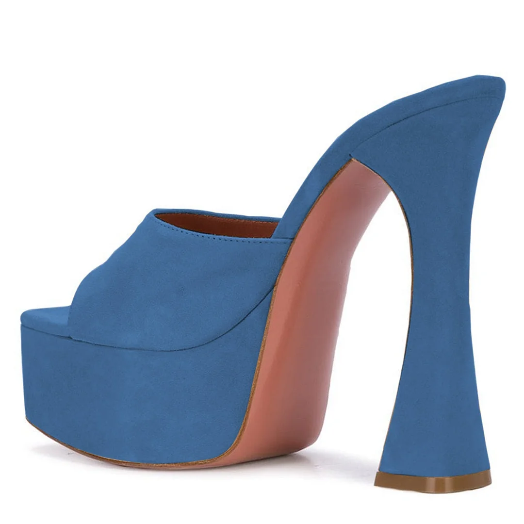 Elegant Blue Wide Strap Square Toe Platform High Heel Mules for Women